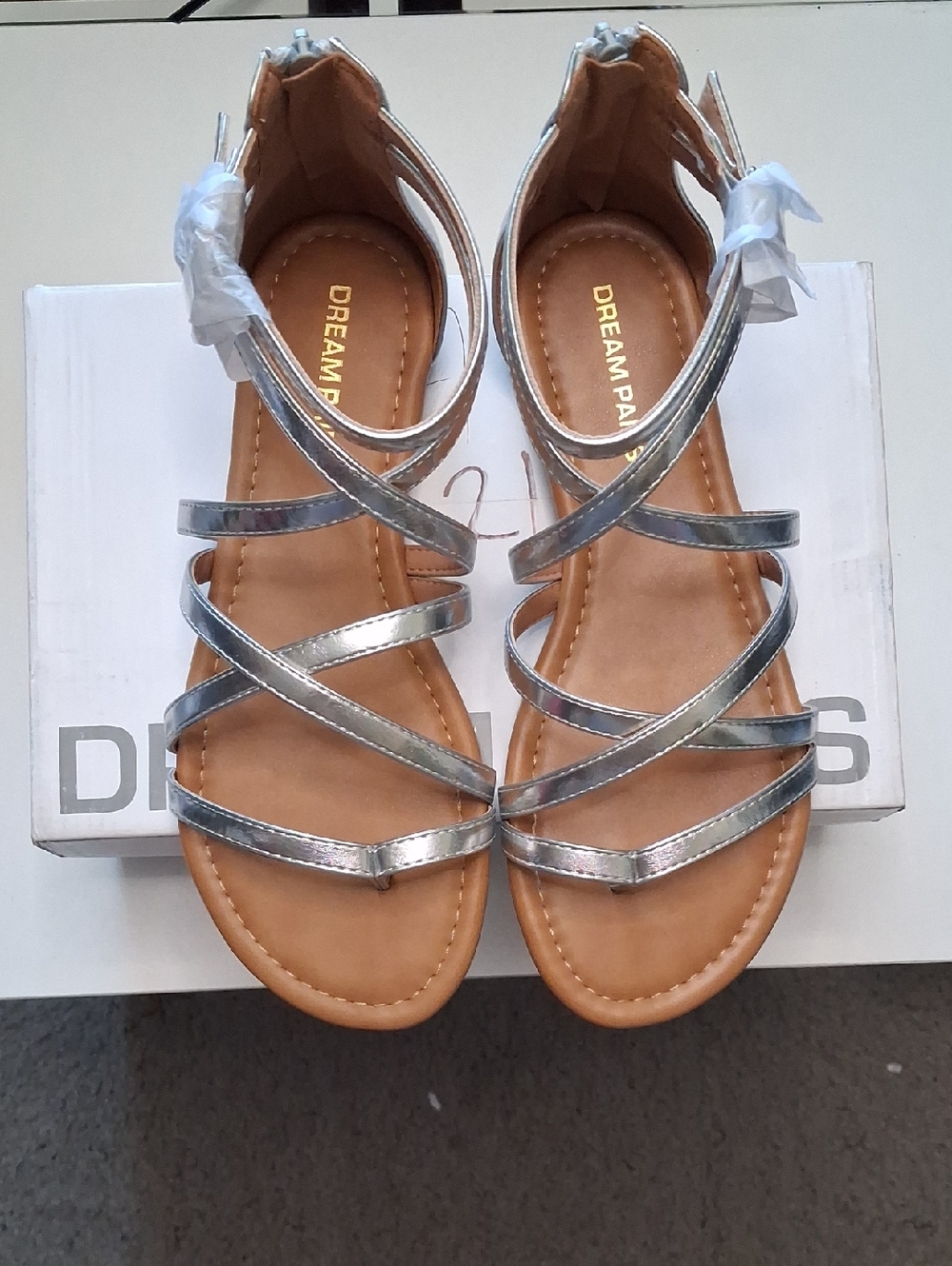 Dream Pairs Silver Strappy Flat Sandals with Ankle Zip